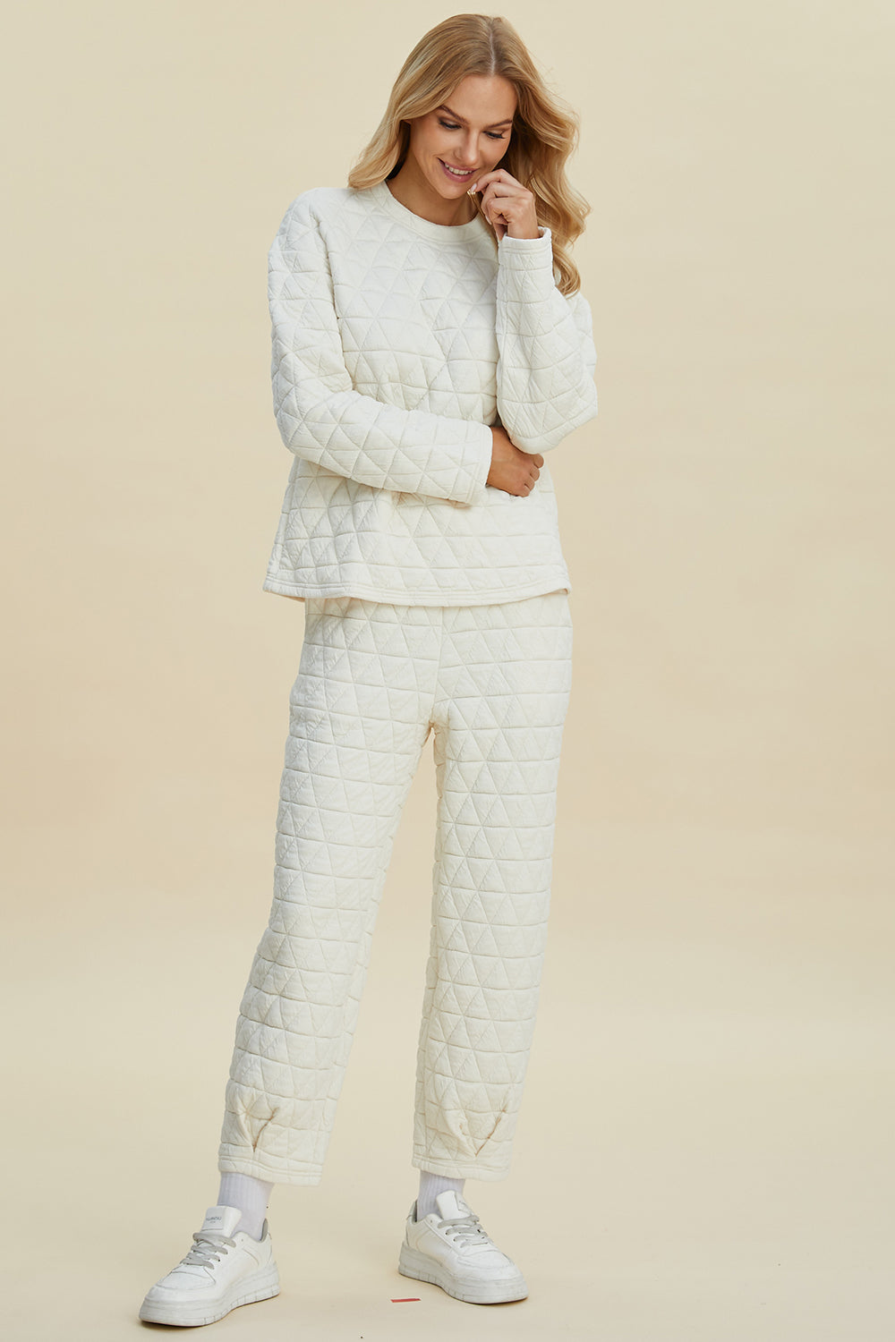 Double Take Full Size Texture Round Neck Long Sleeve Top and Pants Set - The Boutie Shop