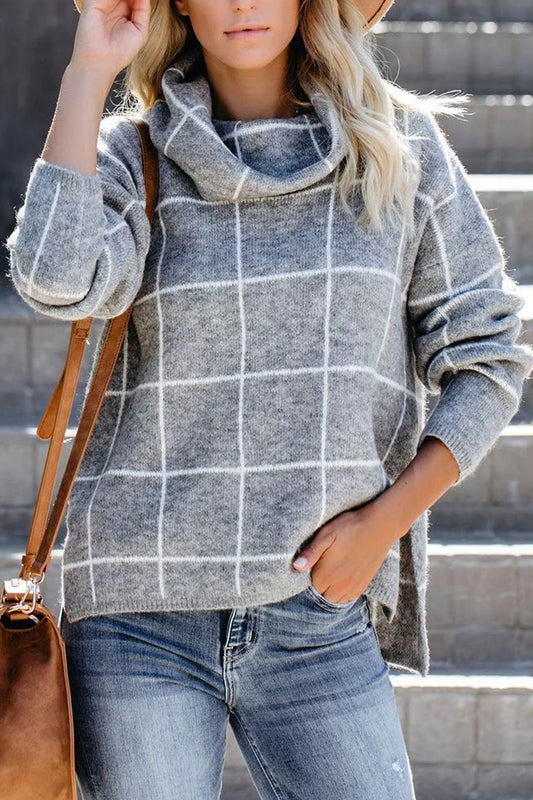 Angel Wings Plaid Turtleneck Drop Shoulder Sweater - The Boutie Shop