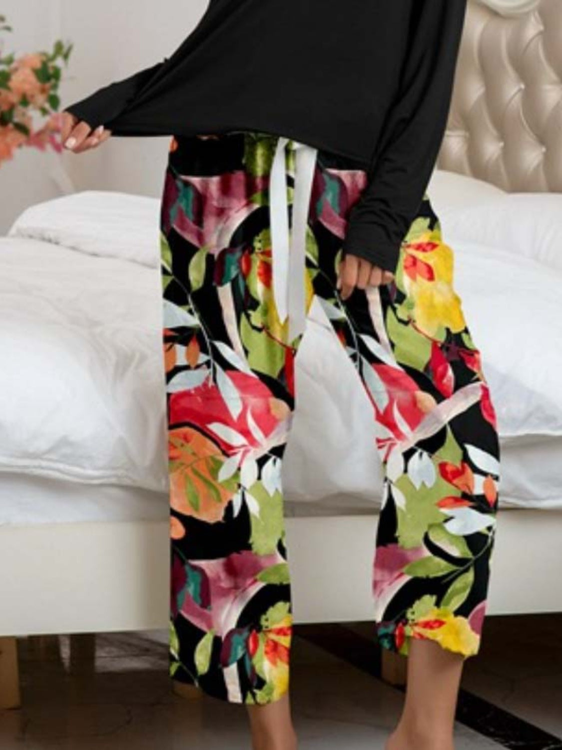 Round Neck Top and Printed Pants Lounge Set - The Boutie Shop