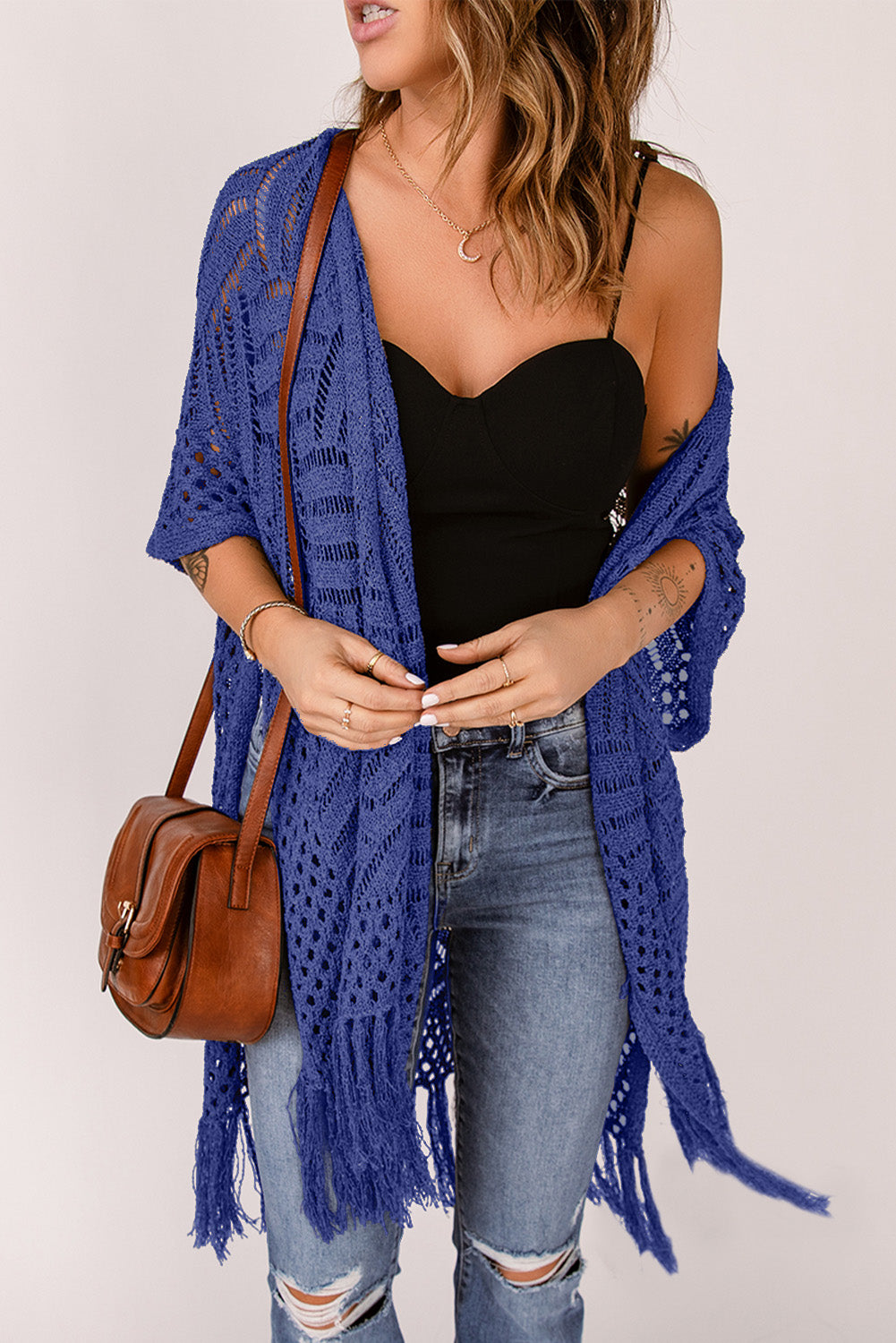 Openwork Open Front Cardigan with Fringes - The Boutie Shop