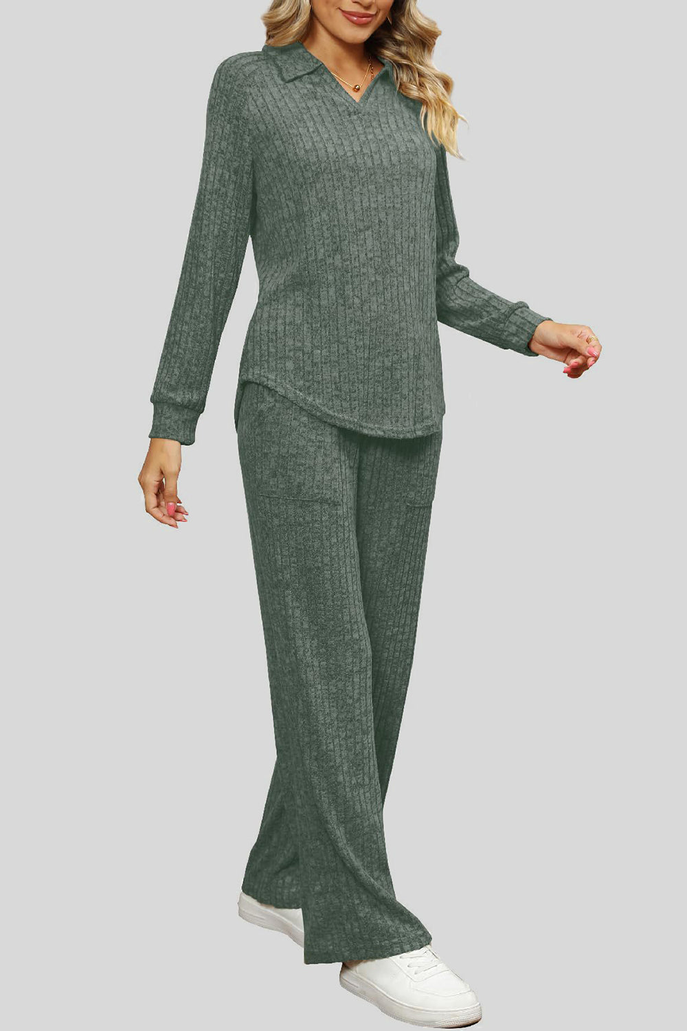 Ribbed Long Sleeve Top and Pocketed Pants Set - The Boutie Shop