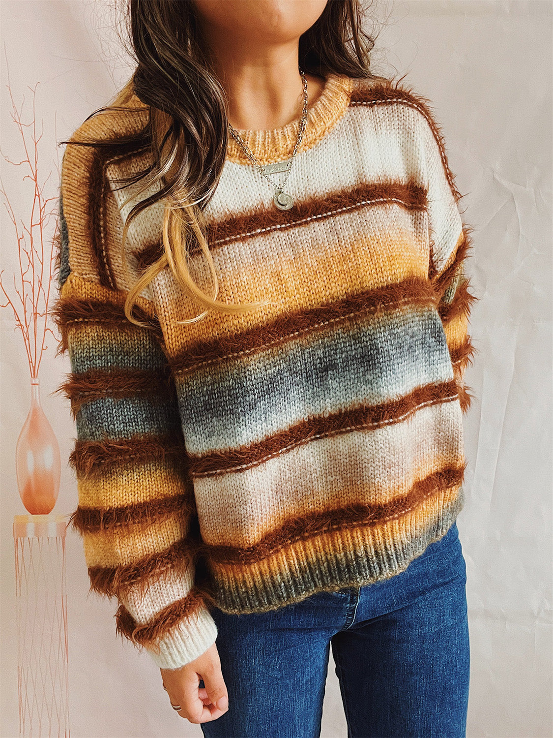 Striped Round Neck Long Sleeve Sweater - The Boutie Shop