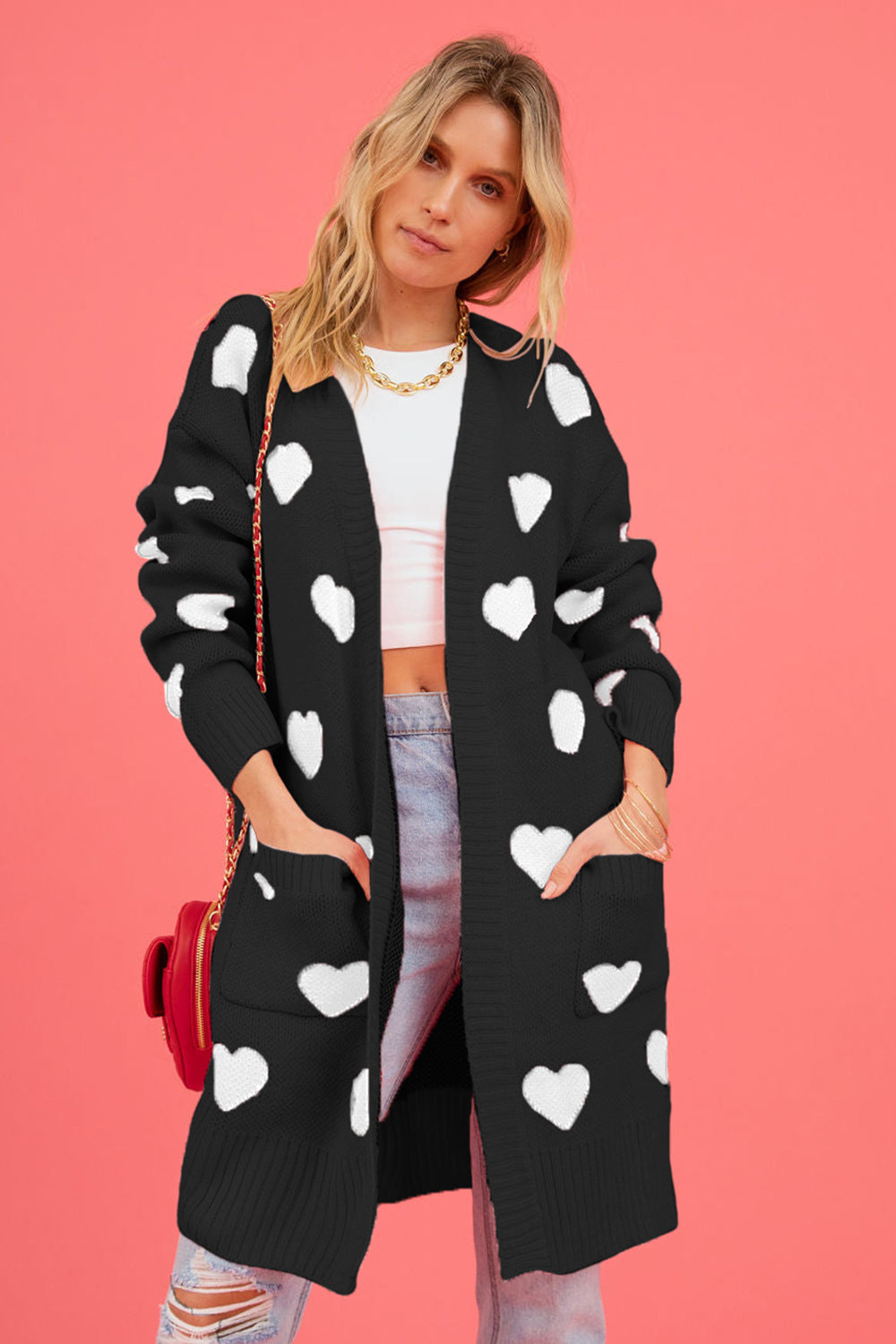 Heart Graphic Open Front Cardigan with Pockets - The Boutie Shop