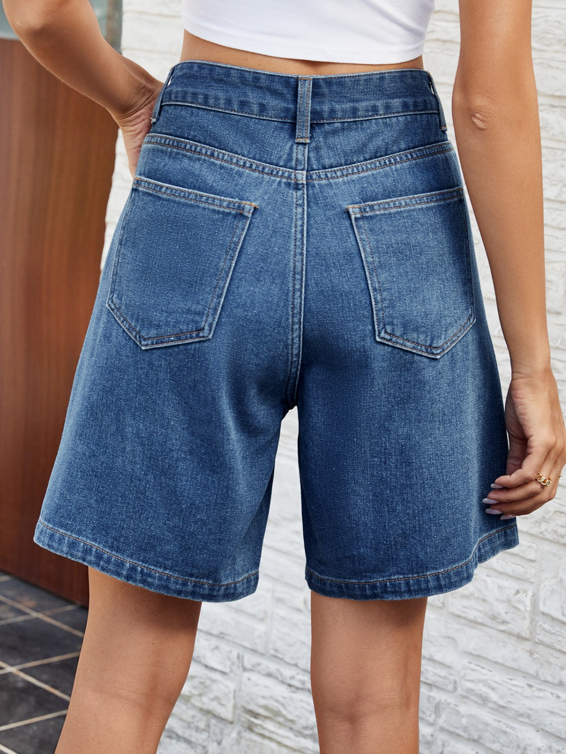 High Waist Denim Shorts with Pockets - The Boutie Shop