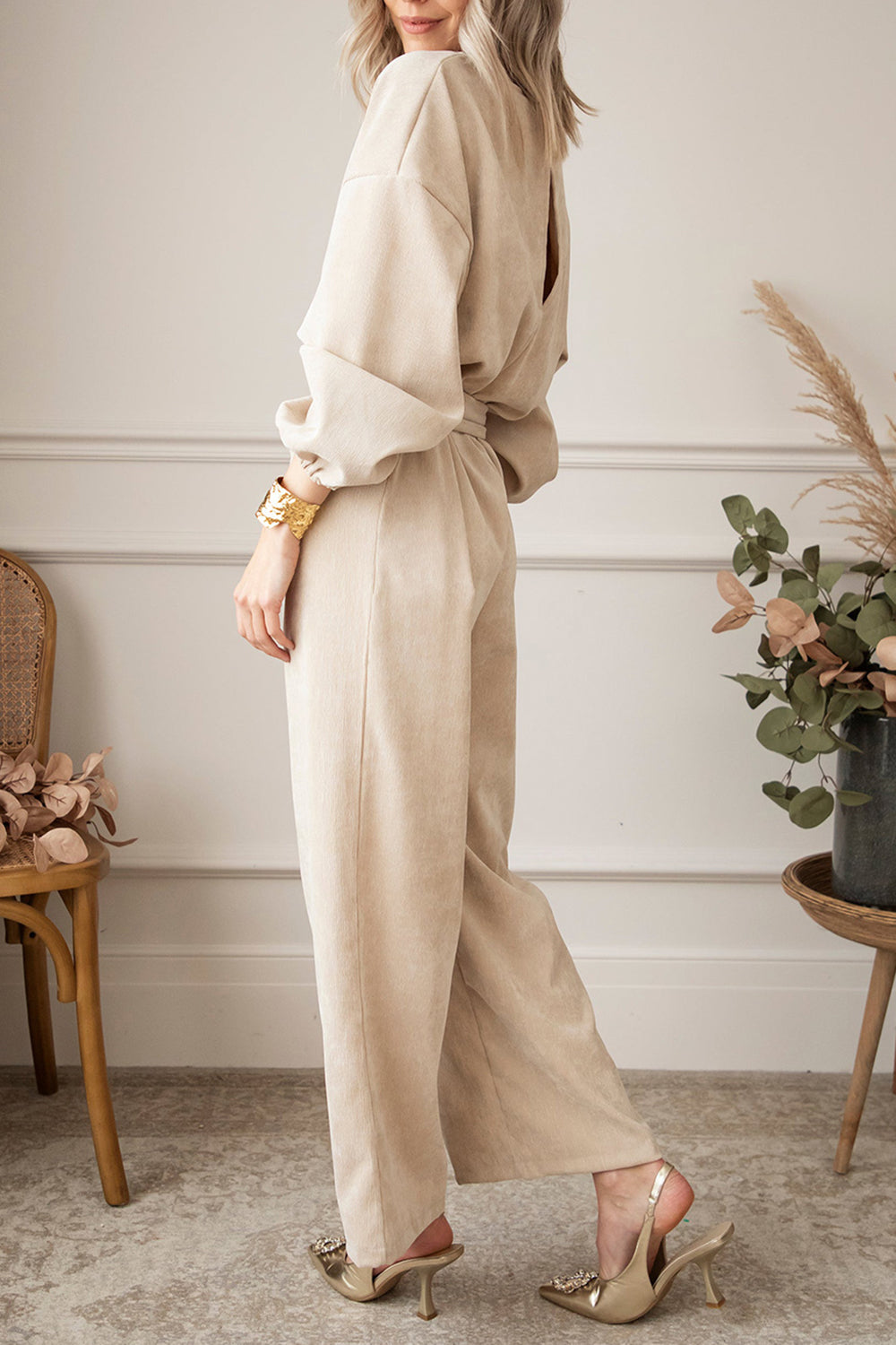 V-Neck Tie Waist Wide Leg Jumpsuit - The Boutie Shop