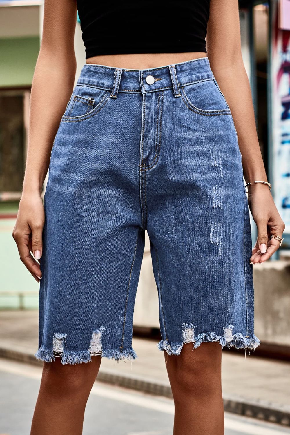 Raw Hem High Waist Denim Shorts with Pockets - The Boutie Shop