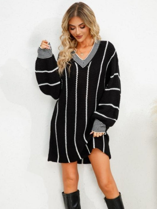 Striped V-Neck Long Sleeve Mini Dress - The Boutie Shop