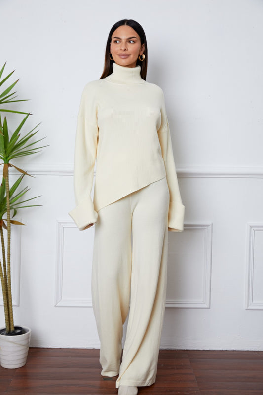 Turtleneck Dropped Shoulder Top and Pants Sweater Set - The Boutie Shop