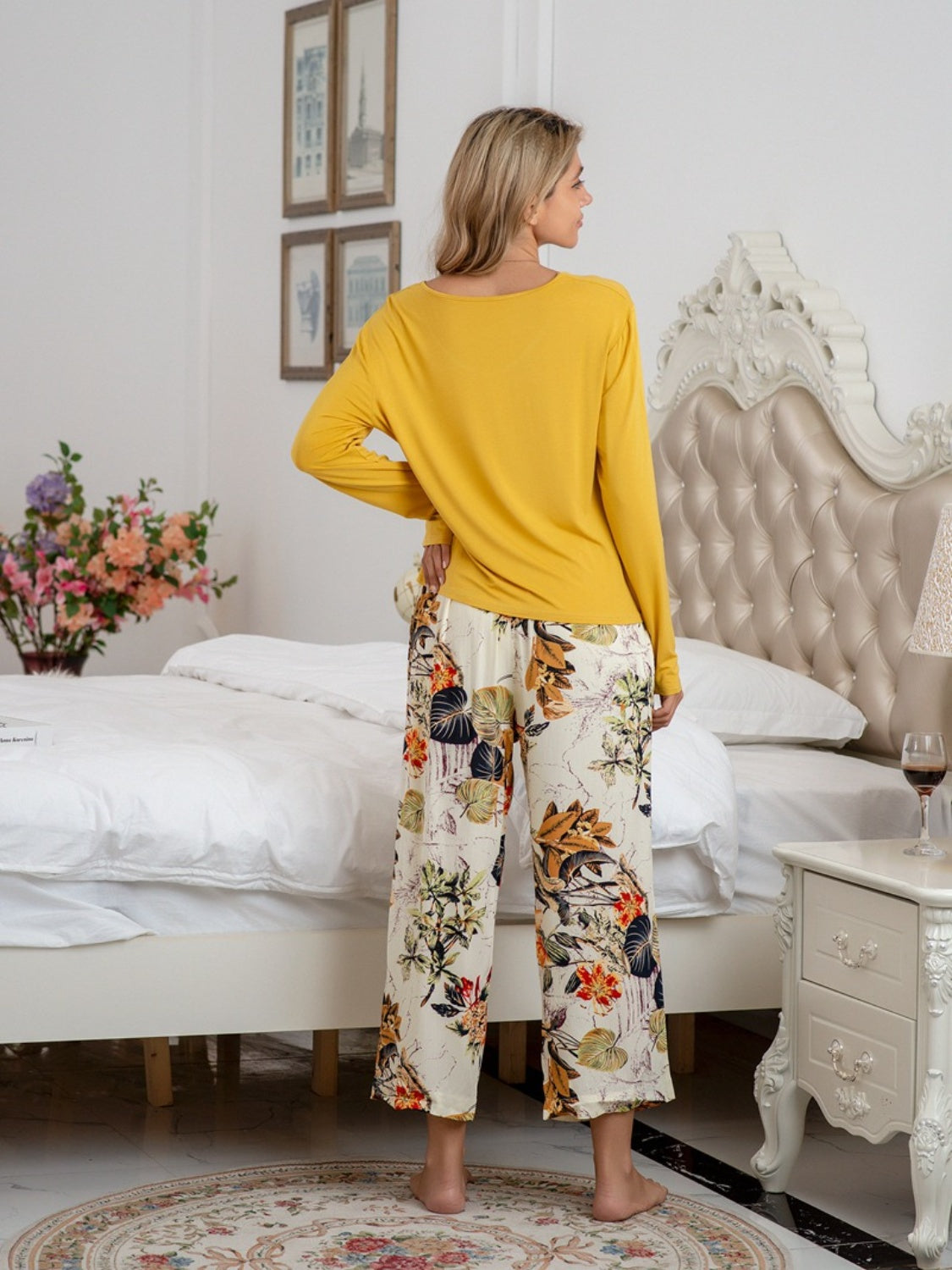 Round Neck Top and Printed Pants Lounge Set - The Boutie Shop