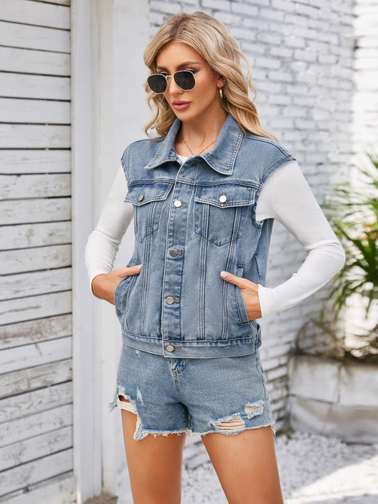 Button Up Cap Sleeve Denim Jacket - The Boutie Shop