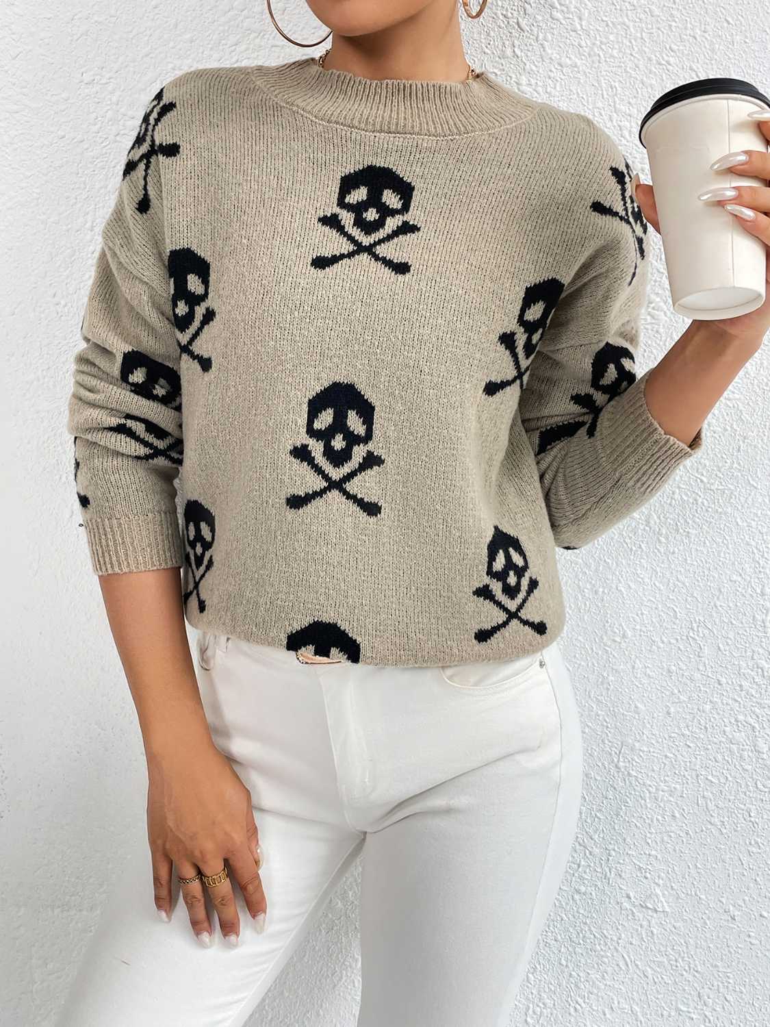 Patterned Drop Shoulder Sweater - The Boutie Shop