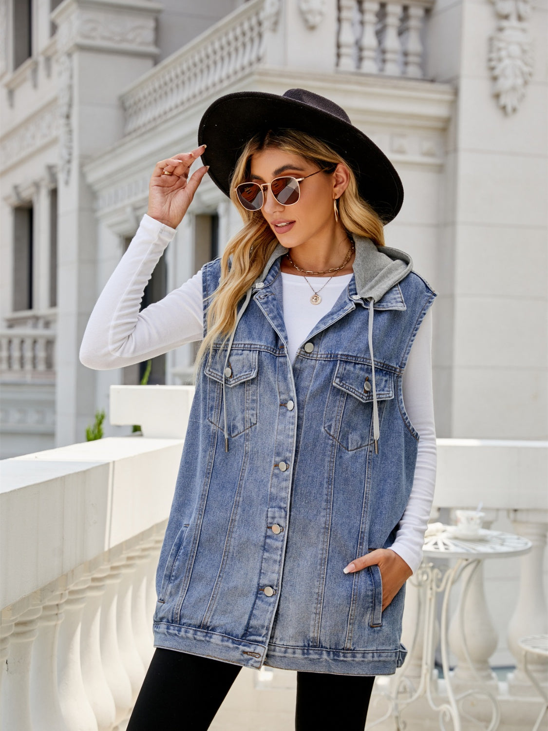 Drawstring Pocketed Button Up Sleeveless Denim Jacket - The Boutie Shop