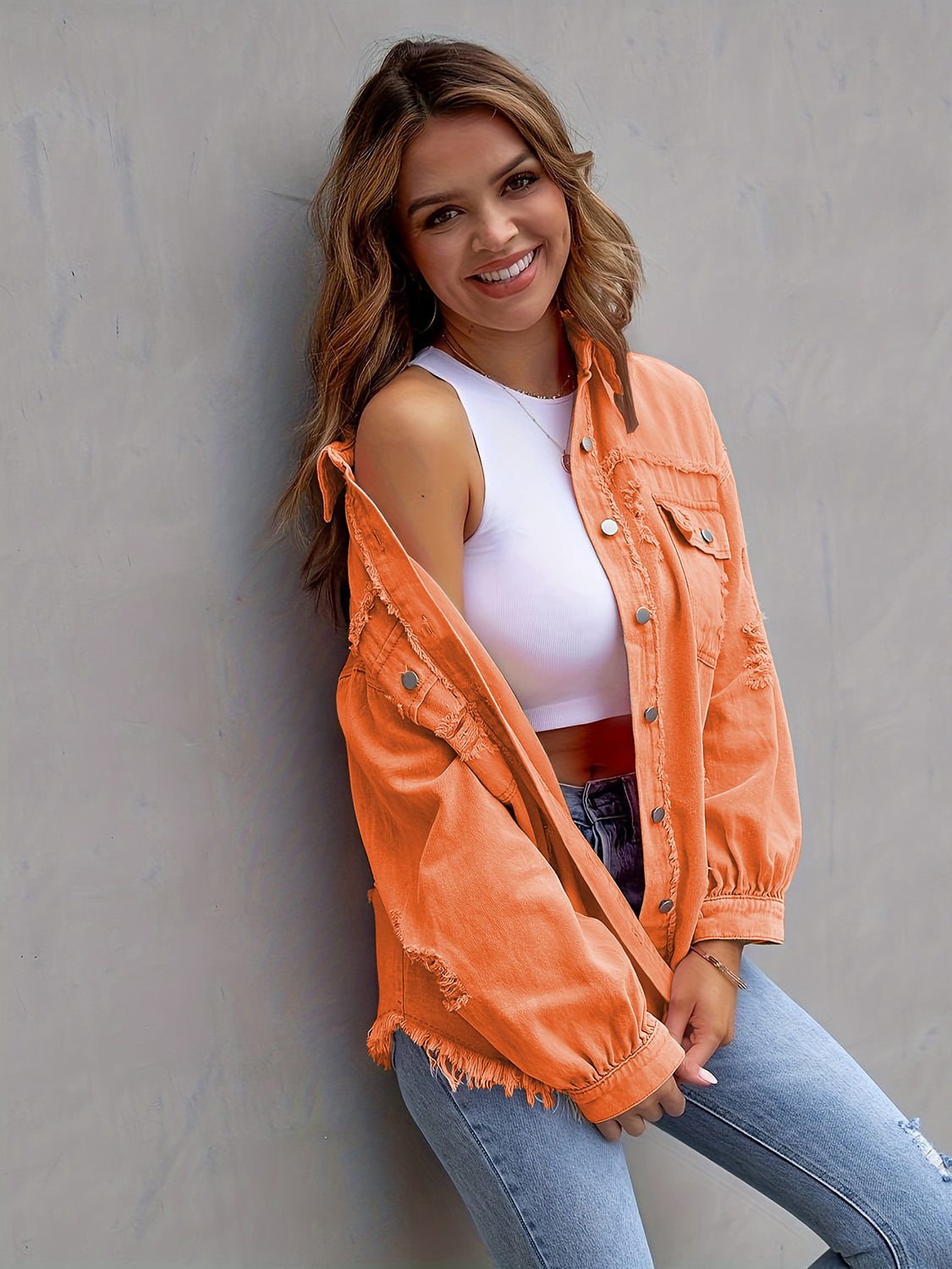 Distressed Drop Shoulder Denim Jacket - The Boutie Shop