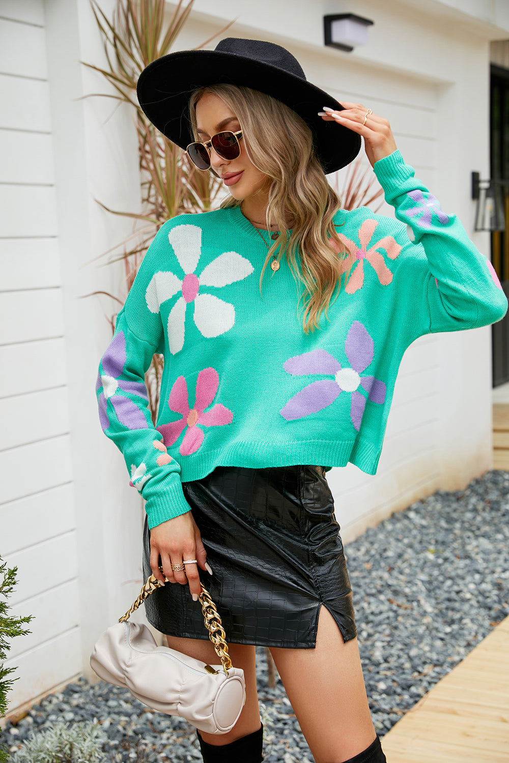 Flower Round Neck Drop Shoulder Sweater - The Boutie Shop