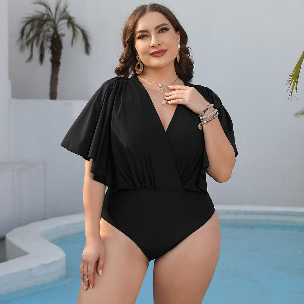 Plus Size Ruched Surplice Neck One-Piece Swimsuit - The Boutie Shop