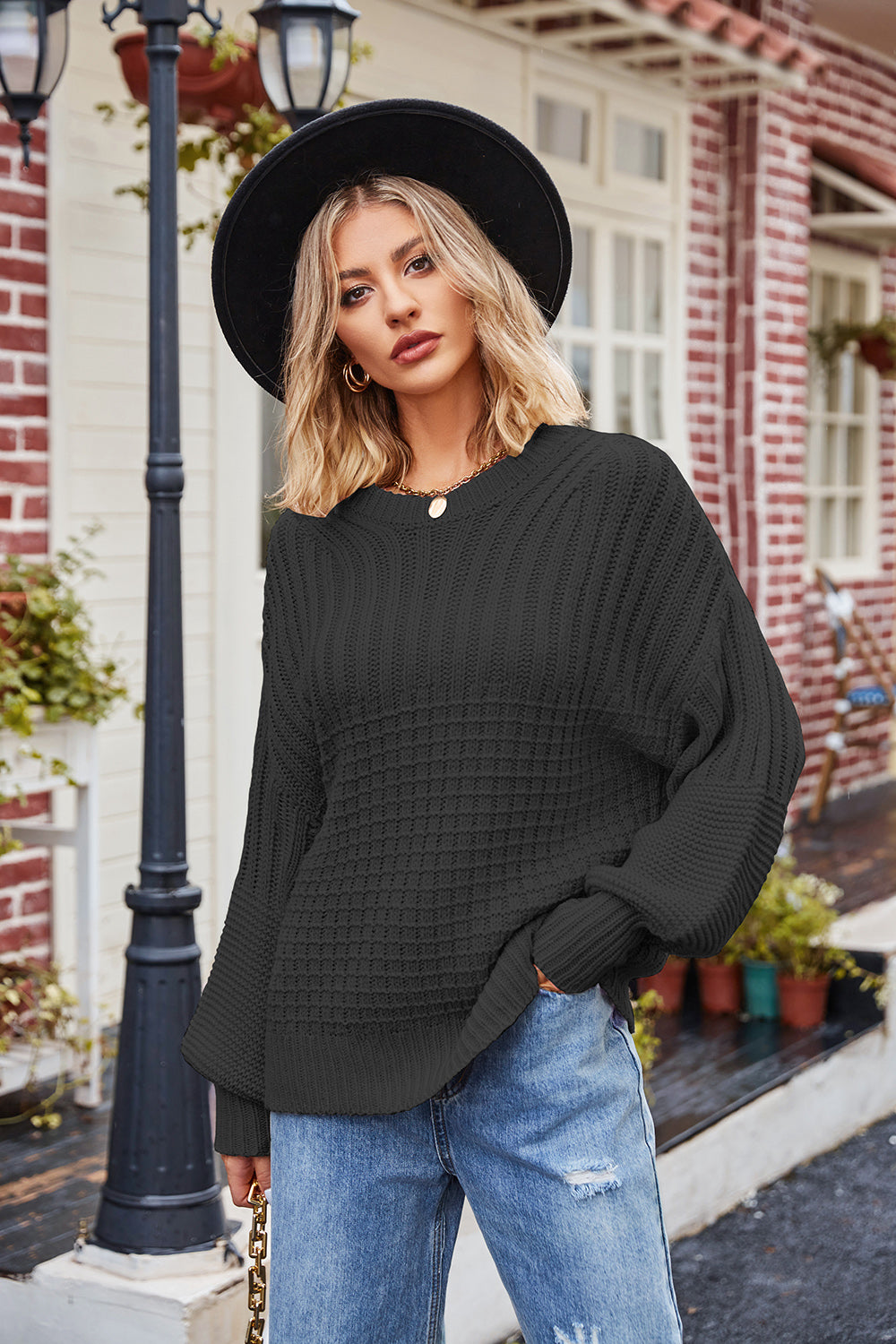 Ribbed Drop Shoulder Lantern Sleeve Sweater - The Boutie Shop