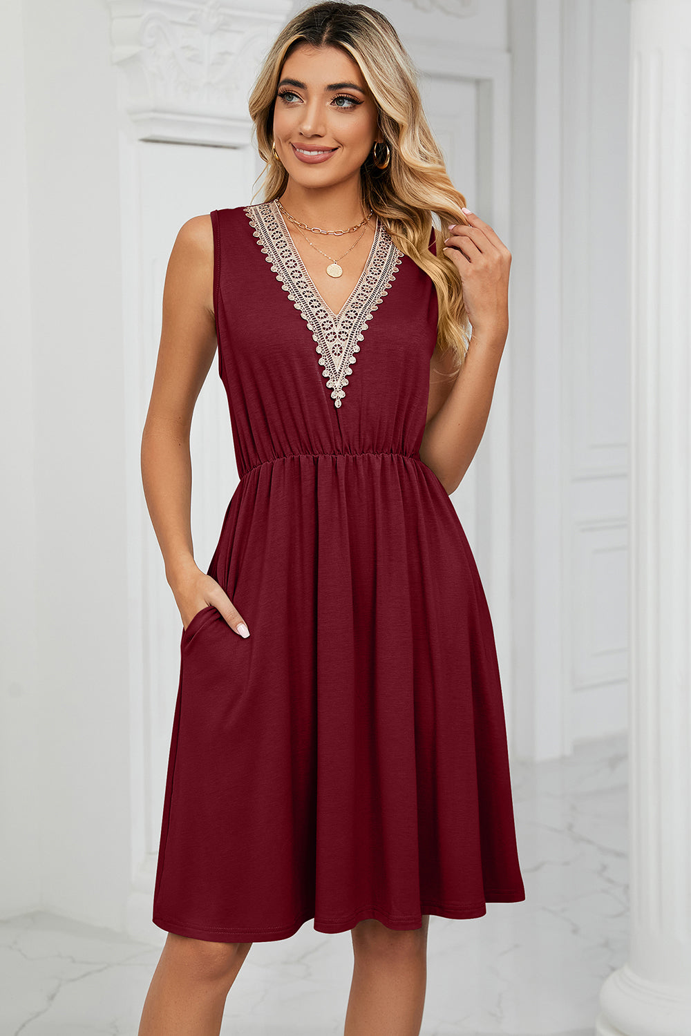 Pocketed V-Neck Wide Strap Dress - The Boutie Shop