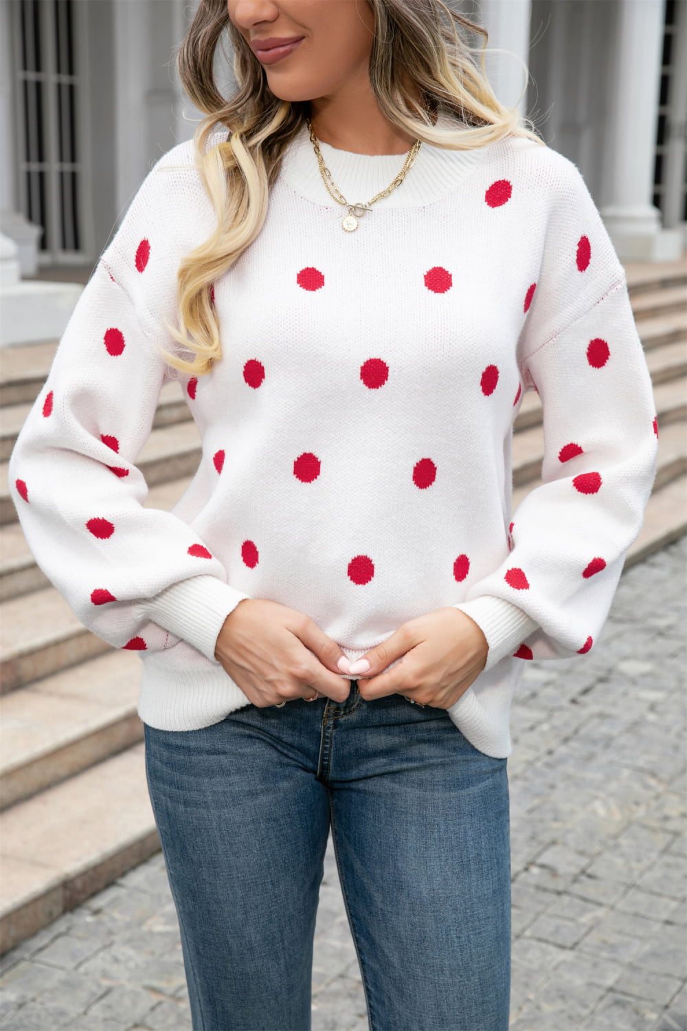 Angel Wings Woven Right Polka Dot Round Neck Dropped Shoulder Sweater - The Boutie Shop