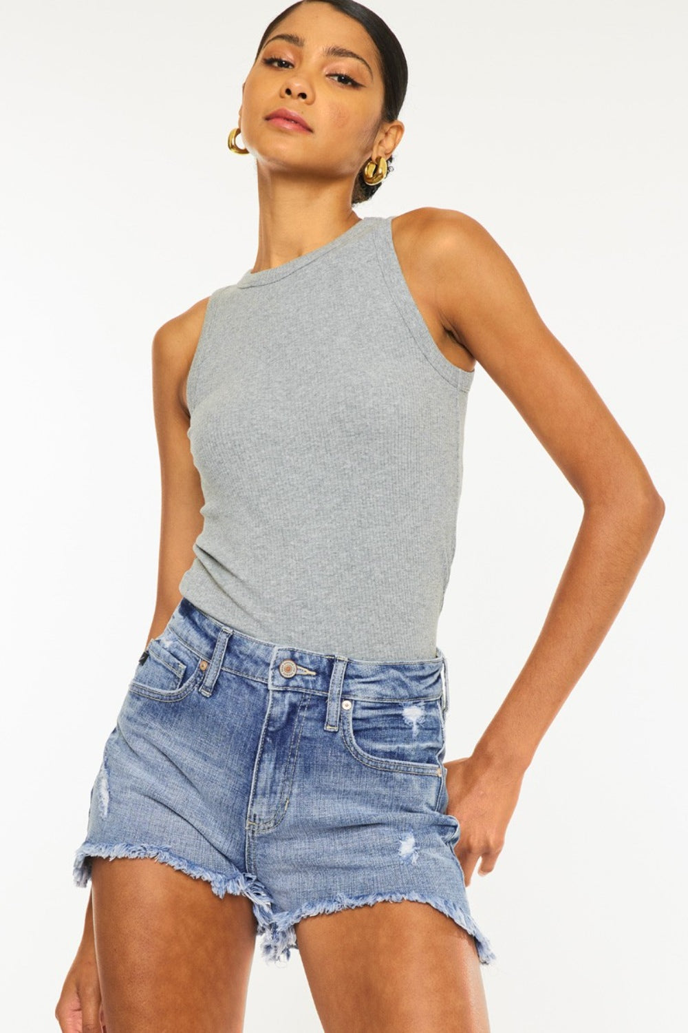 Kancan Distressed Raw Hem Denim Shorts - The Boutie Shop