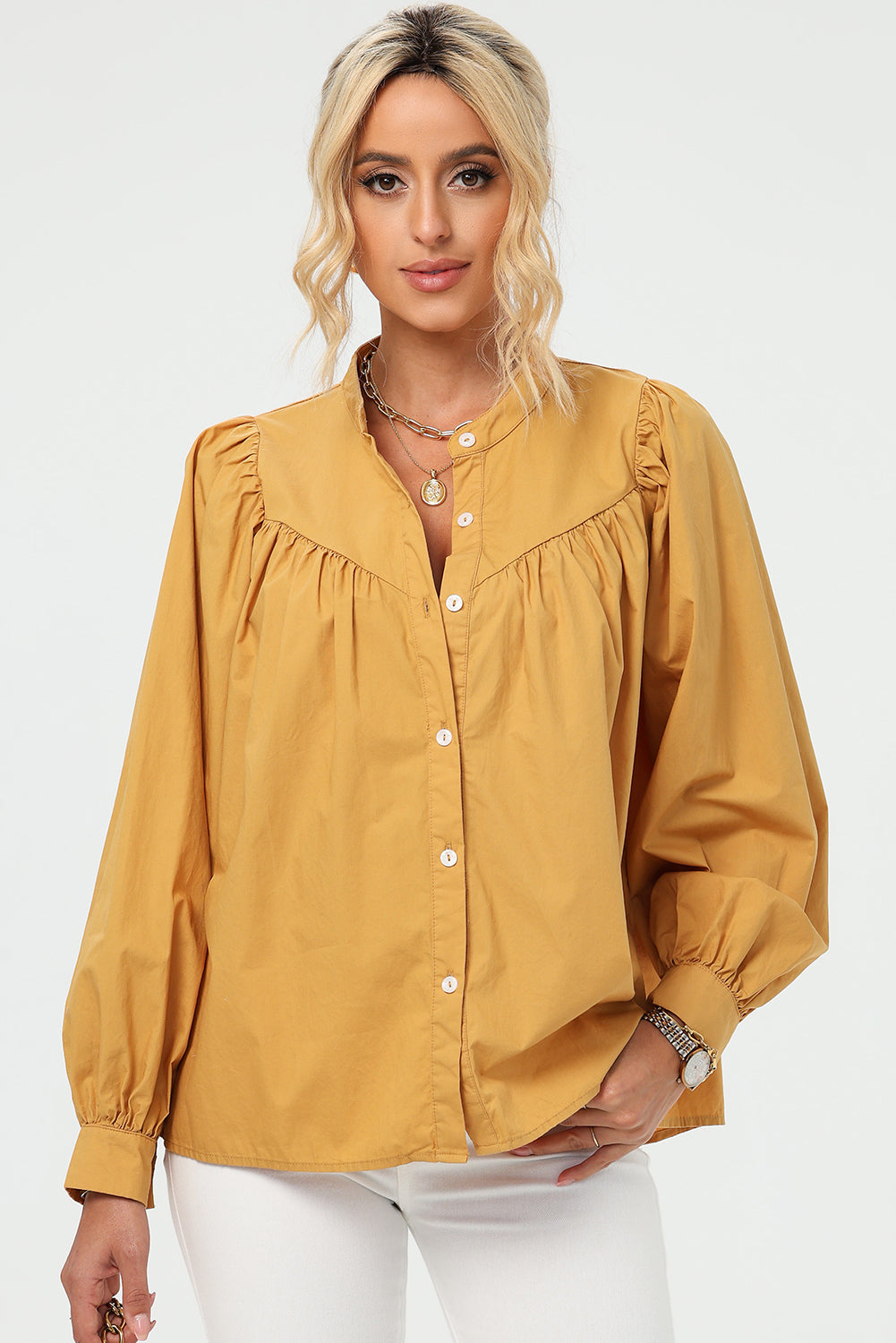 Ruched Button Up Long Sleeve Shirt - The Boutie Shop