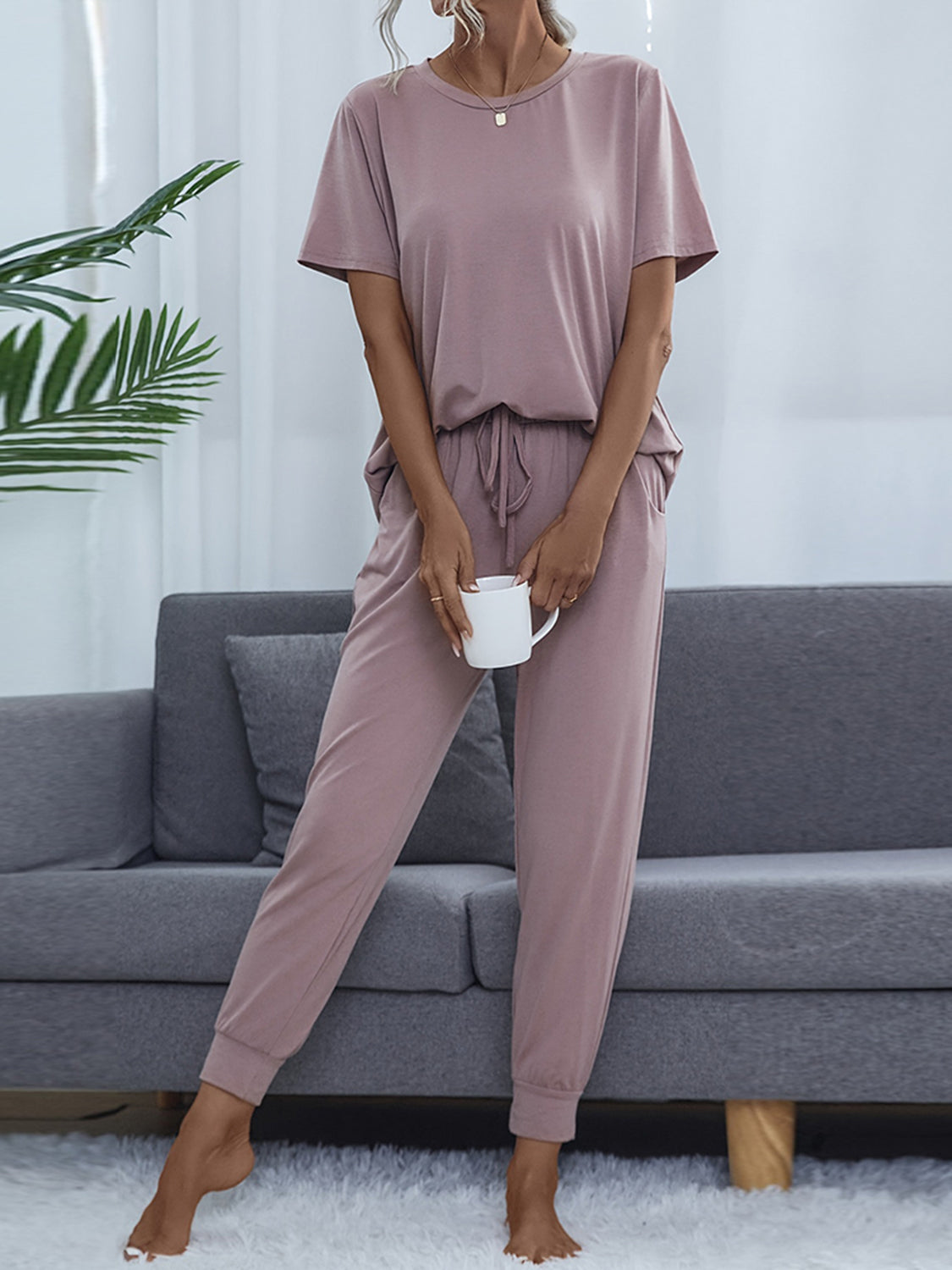 Shiny Round Neck Short Sleeve Top and Pants Set - The Boutie Shop