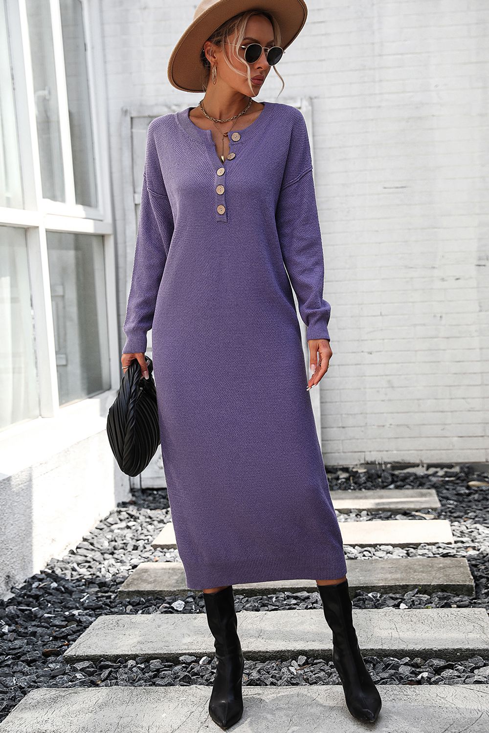 Decorative Button Notched Dropped Shoulder Sweater Dress - The Boutie Shop