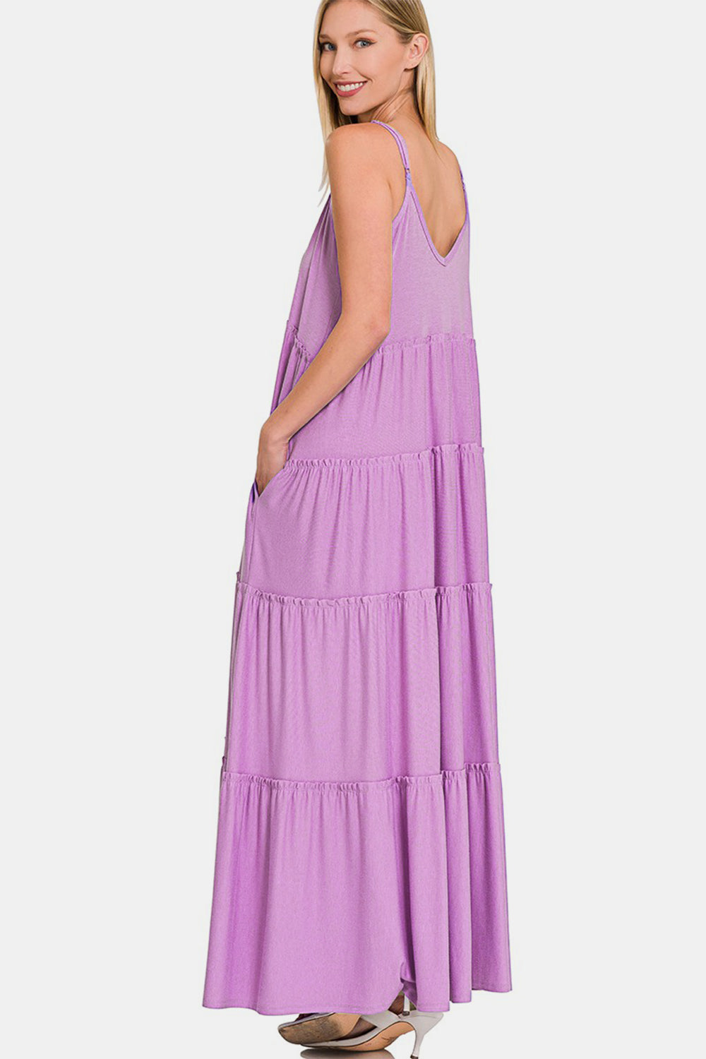 Zenana Frill Tiered V-Neck Maxi Cami Dress - The Boutie Shop