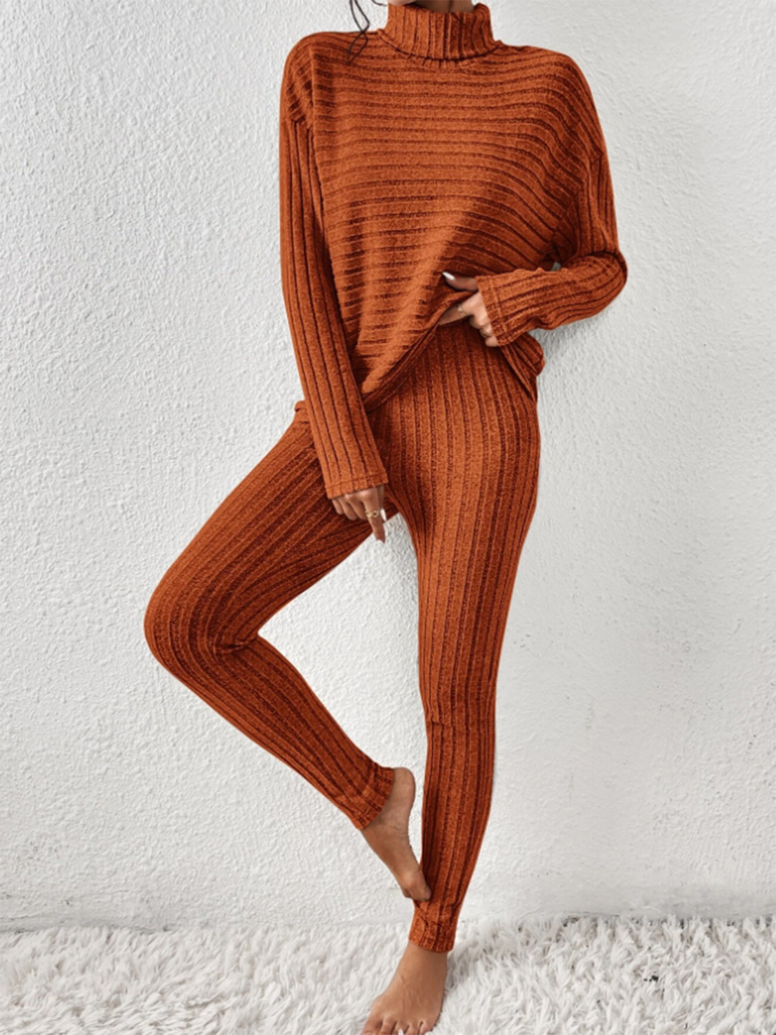 Ribbed Turtleneck Top and Pants Set - The Boutie Shop