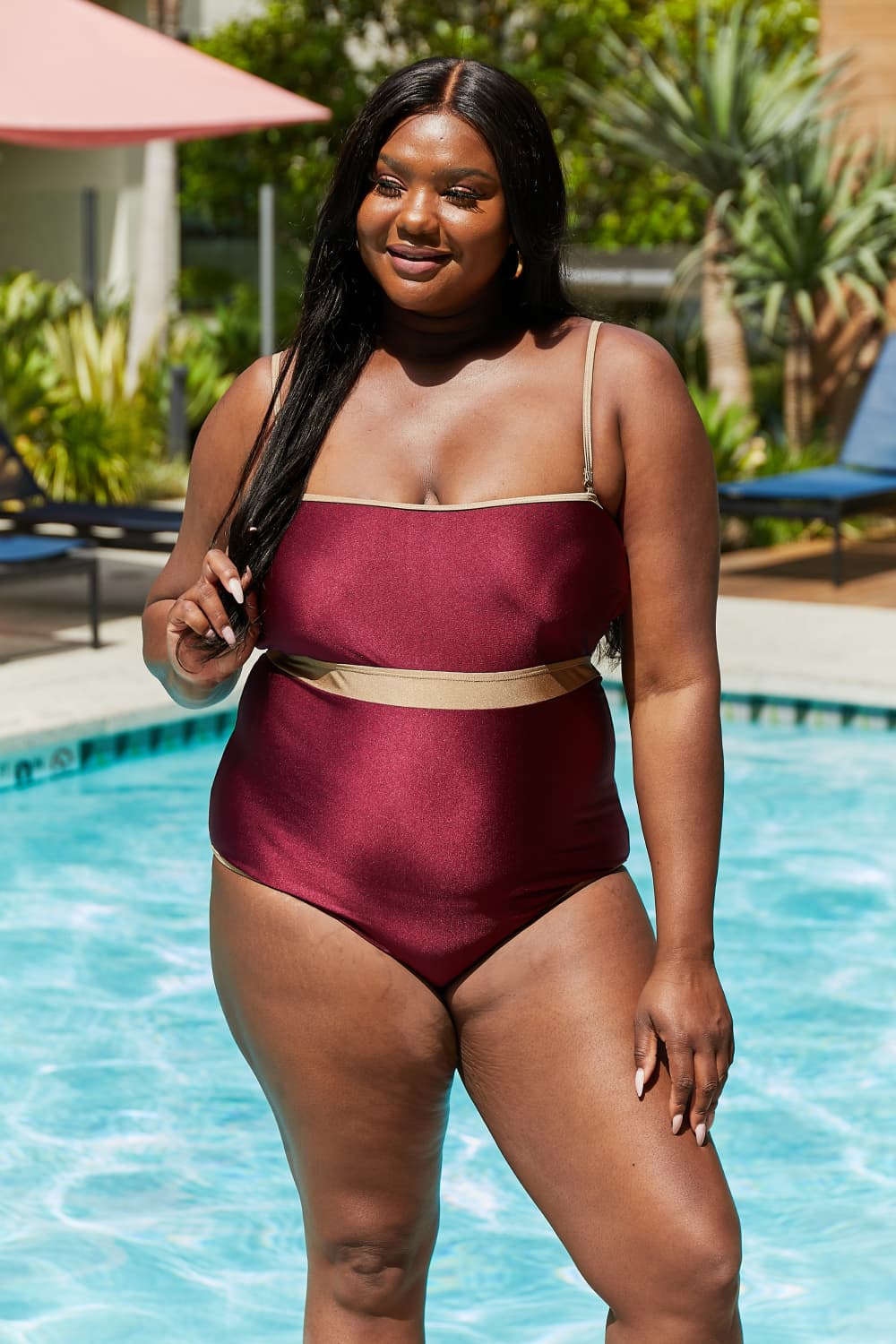 Marina West Swim Wave Break Contrast Trim One-Piece in Wine - The Boutie Shop