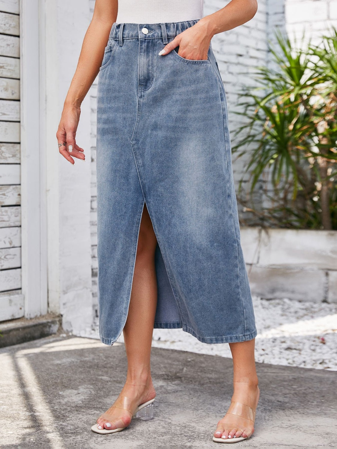 Slit Midi Denim Skirt with Pockets - The Boutie Shop