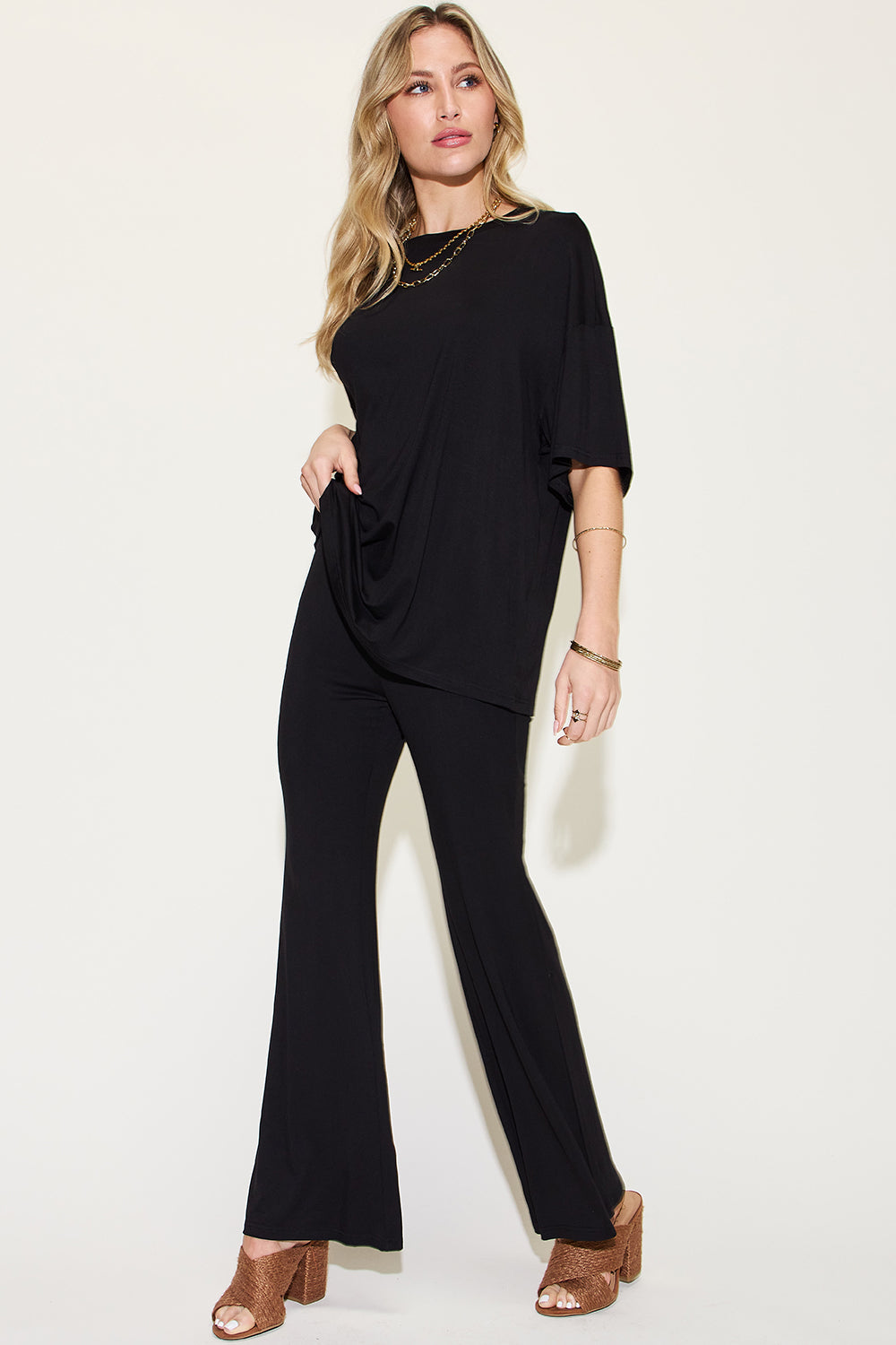 Basic Bae Full Size Bamboo Drop Shoulder T-Shirt and Flare Pants Set - The Boutie Shop