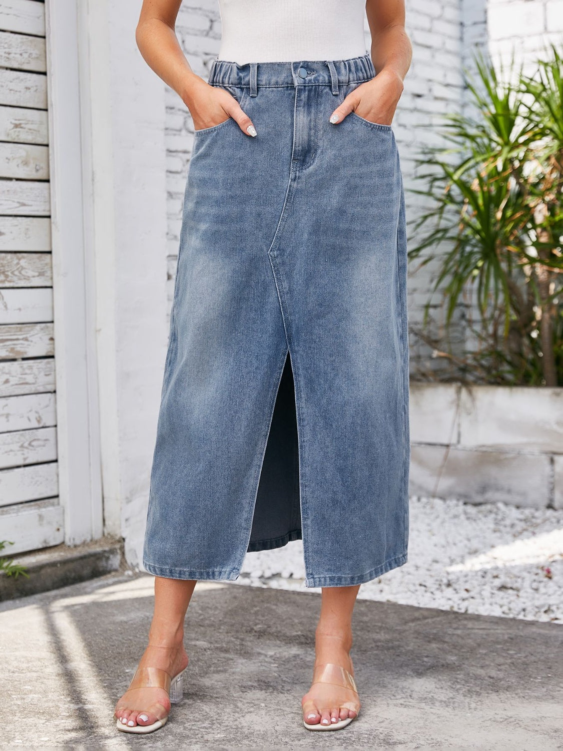 Slit Midi Denim Skirt with Pockets - The Boutie Shop