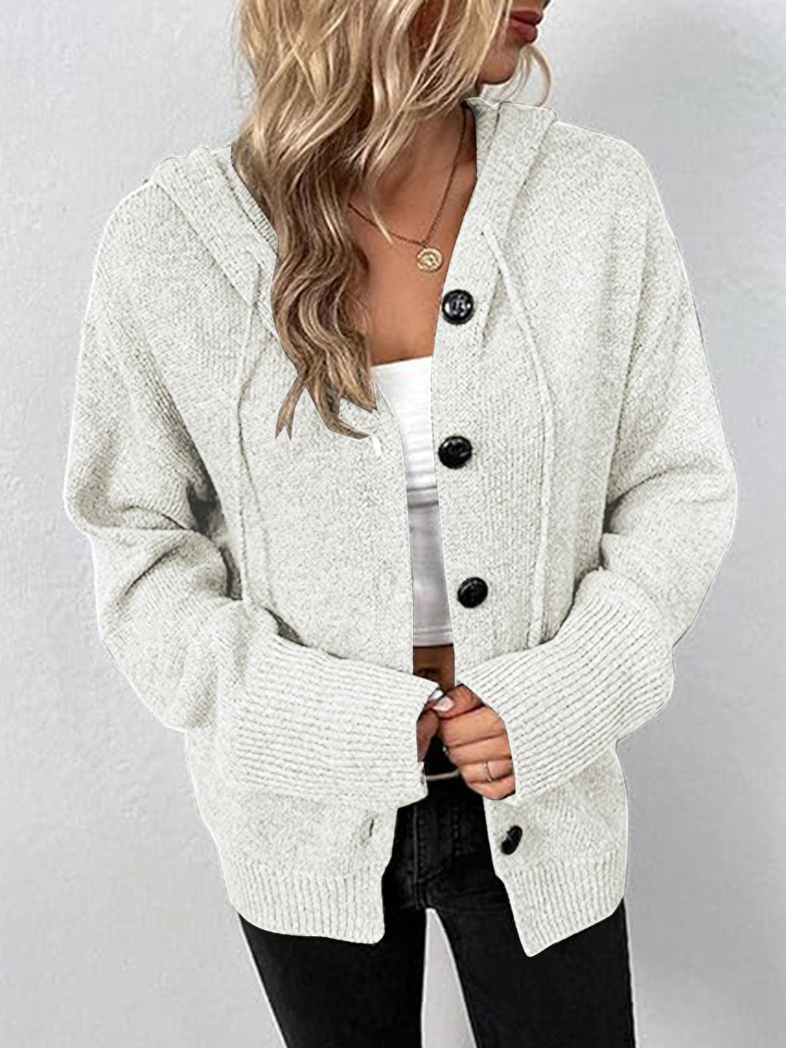 Button Up Drawstring Long Sleeve Hooded Cardigan - The Boutie Shop