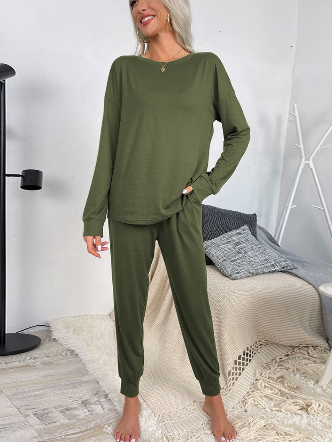 Shiny Round Neck Top and Drawstring Pants Lounge Set - The Boutie Shop