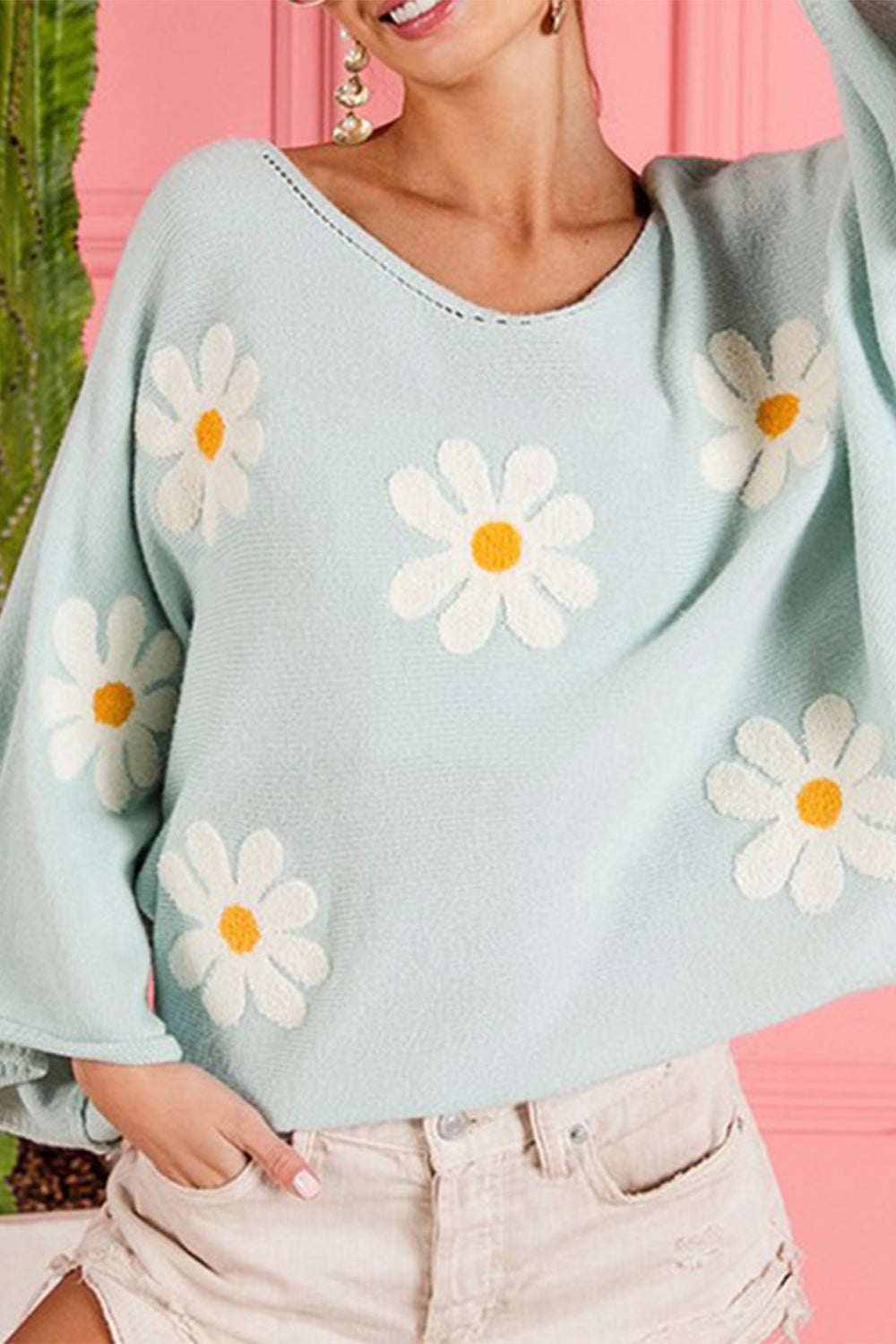 Flower Pattern Long Sleeve Sweater - The Boutie Shop