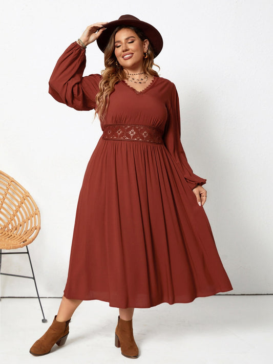 Plus Size Lace Detail V-Neck Balloon Sleeve Dress - The Boutie Shop