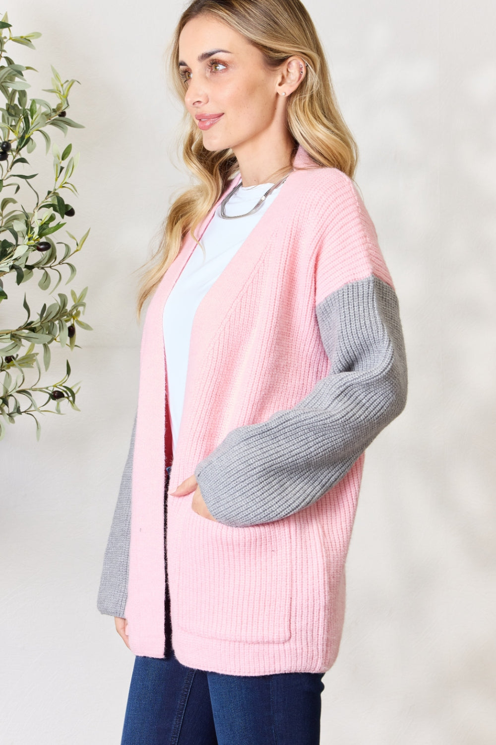 BiBi Contrast Open Front Cardigan with Pockets - The Boutie Shop