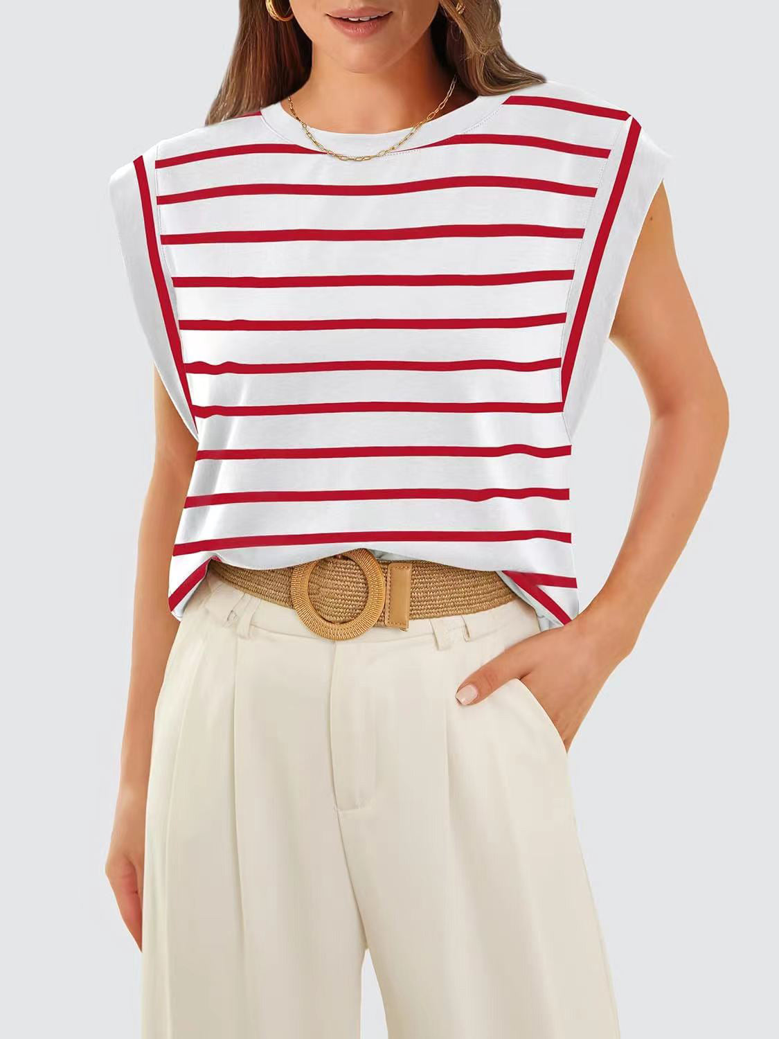 Striped Round Neck Cap Sleeve T-Shirt - The Boutie Shop