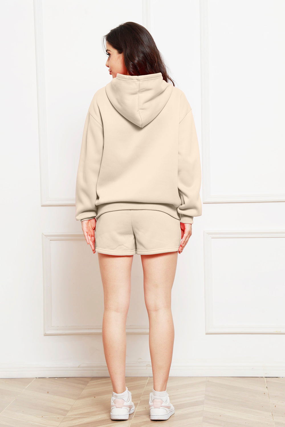 Drop Shoulder Long Sleeve Hoodie and Shorts Set - The Boutie Shop