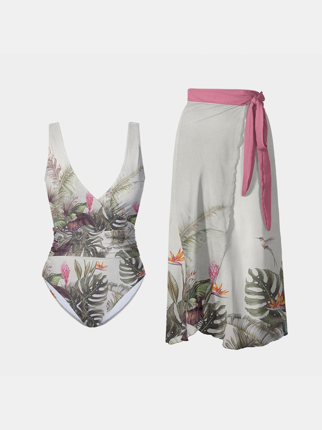 FAM-FAM Printed Surplice Wide Strap Swimwear and Skirt Swim Set - The Boutie Shop