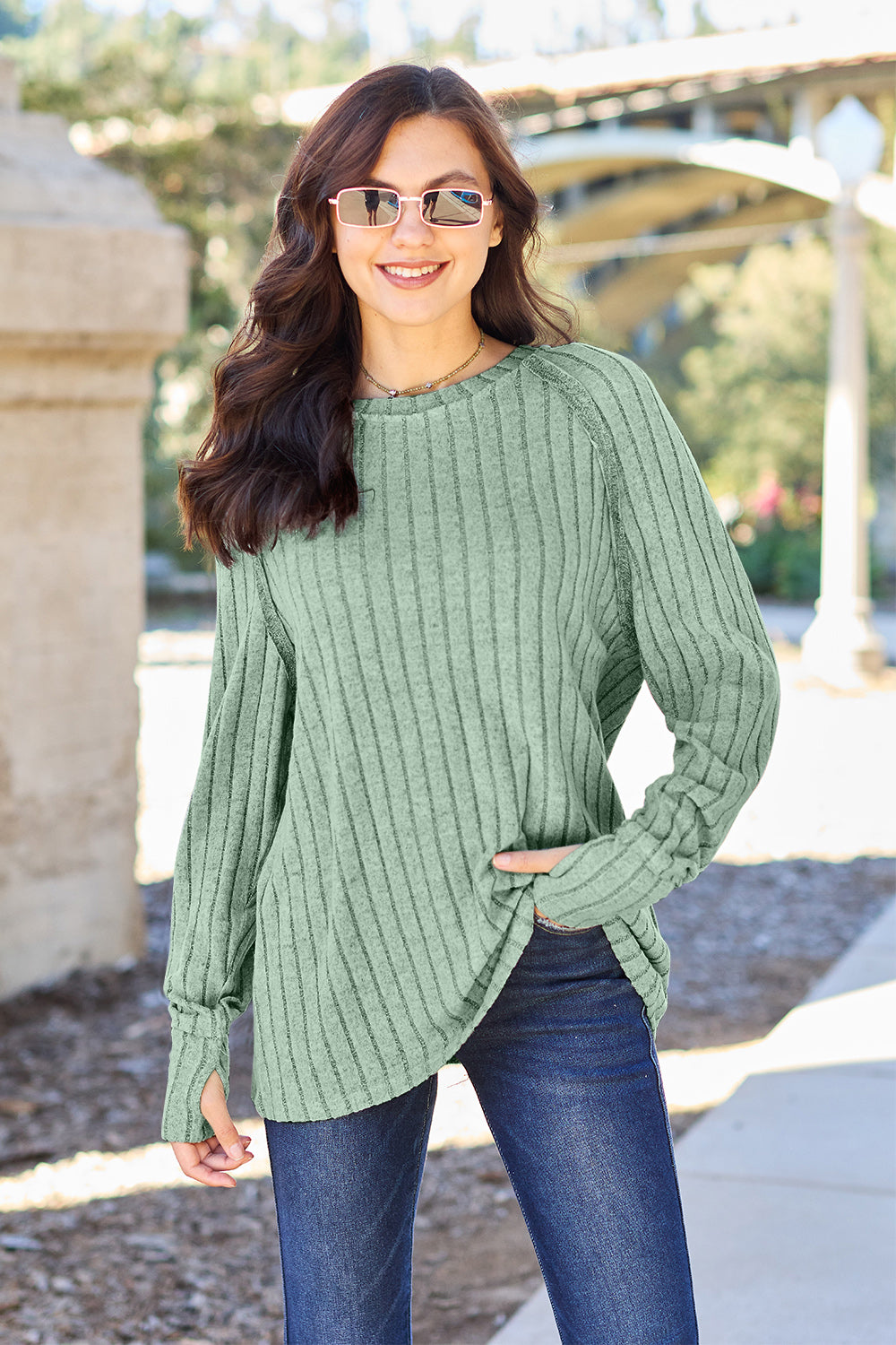 Basic Bae Full Size Ribbed Round Neck Long Sleeve Knit Top - The Boutie Shop