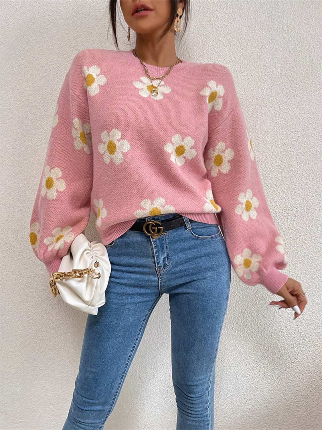 Flower Round Neck Latern Sleeve Sweater - The Boutie Shop