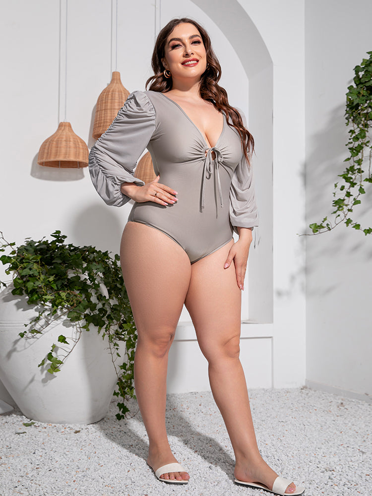 Plus Size Tied Deep V Balloon Sleeve One-Piece Swimsuit - The Boutie Shop