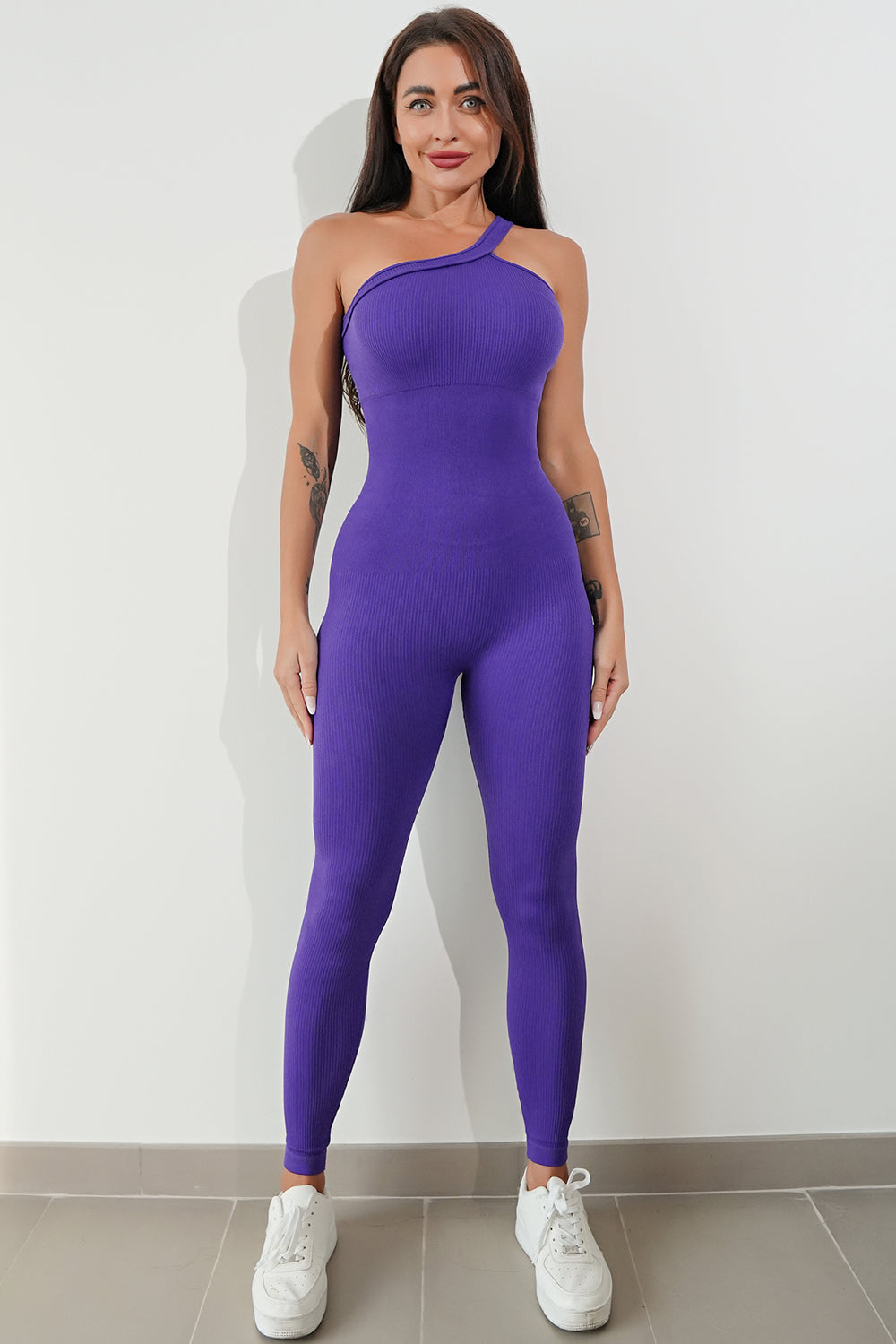 Asymmetrical Neck Wide Strap Active Jumpsuit - The Boutie Shop