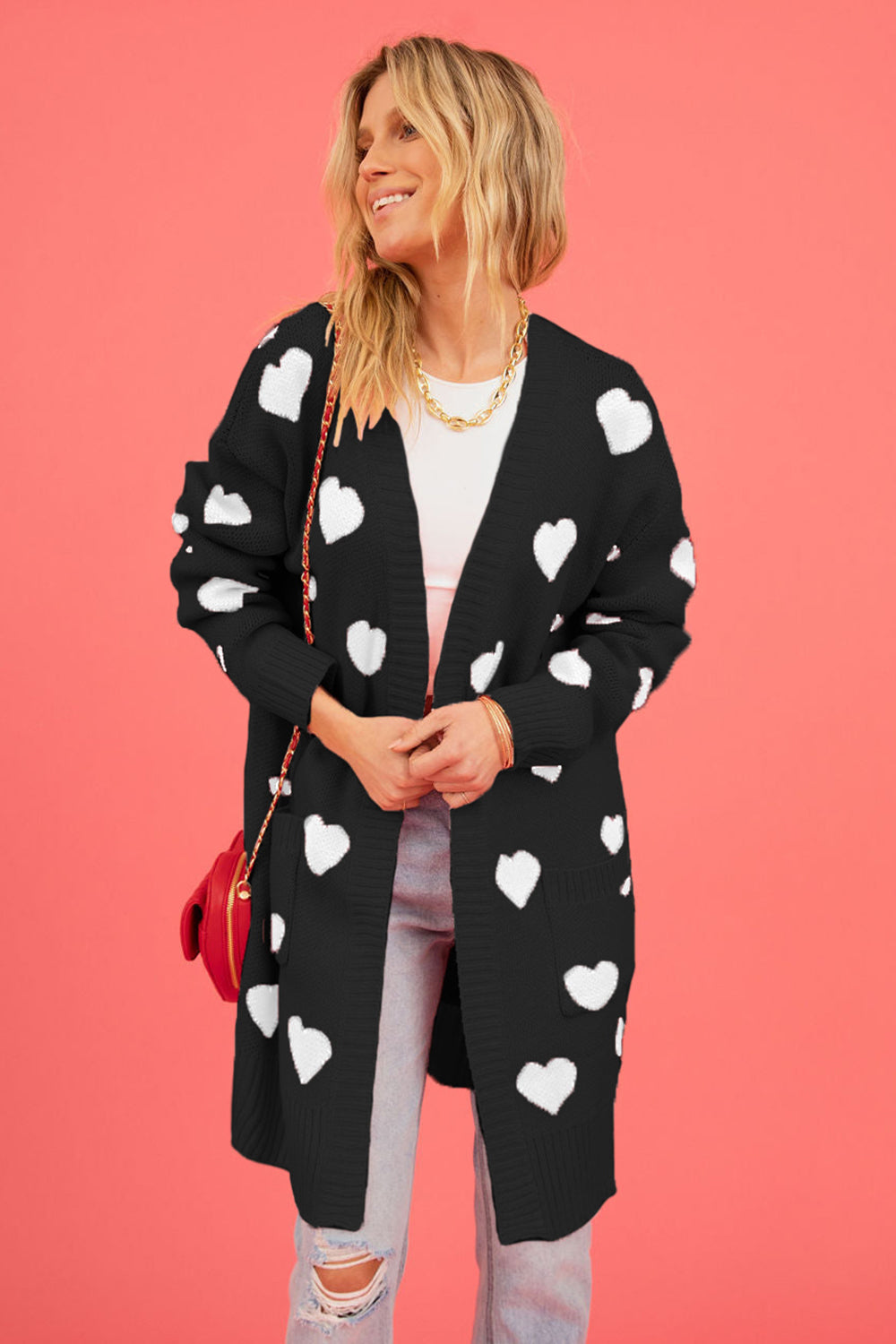 Heart Graphic Open Front Cardigan with Pockets - The Boutie Shop