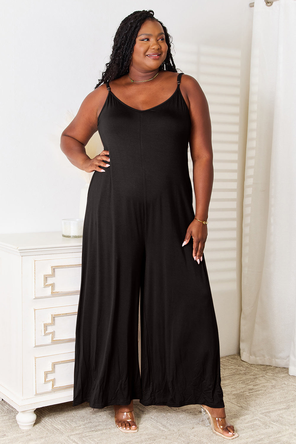 Double Take Full Size Soft Rayon Spaghetti Strap Tied Wide Leg Jumpsuit - The Boutie Shop