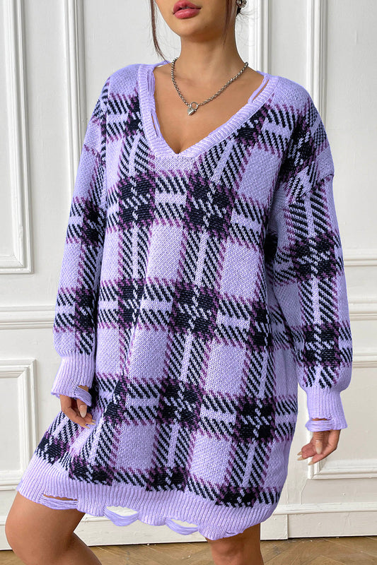 Plaid V-Neck Long Sleeve Sweater Dress - The Boutie Shop