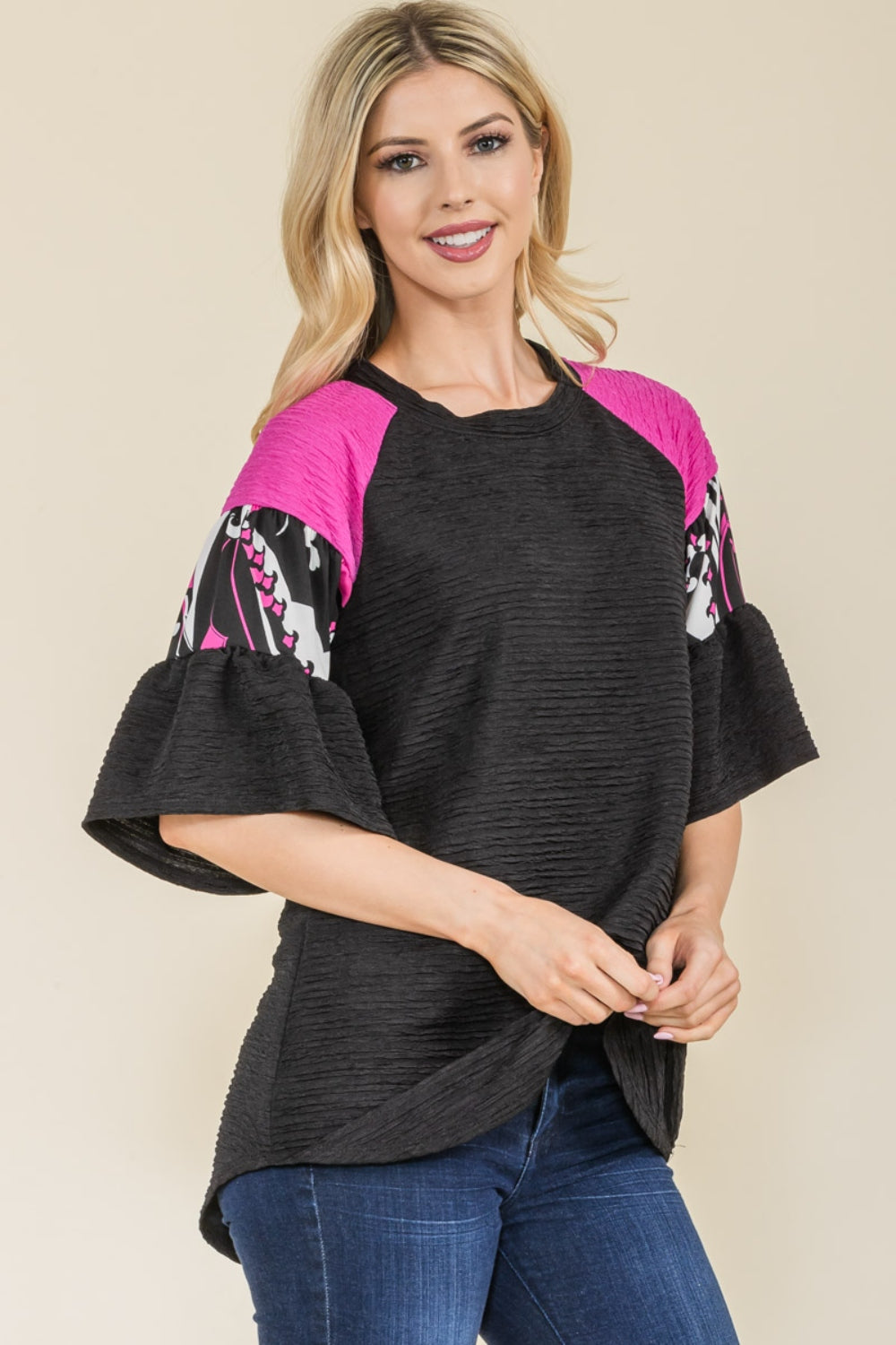 Celeste Full Size Texture Printed Color Block Top - The Boutie Shop