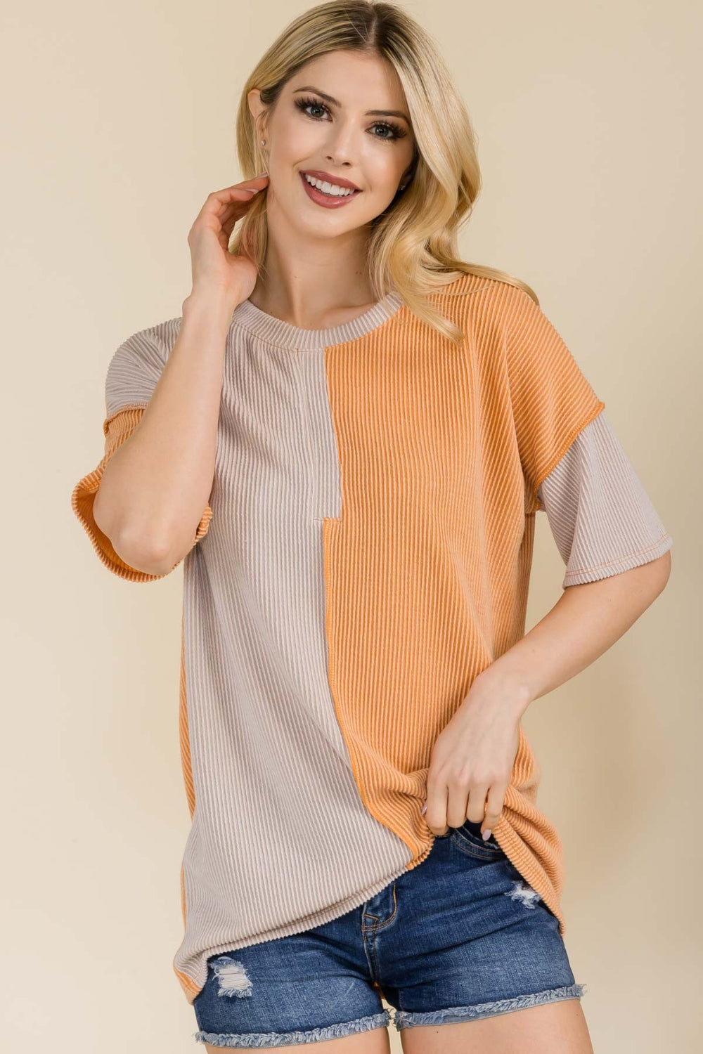 Celeste Full Size Ribbed Color Block Short Sleeve T-Shirt - The Boutie Shop