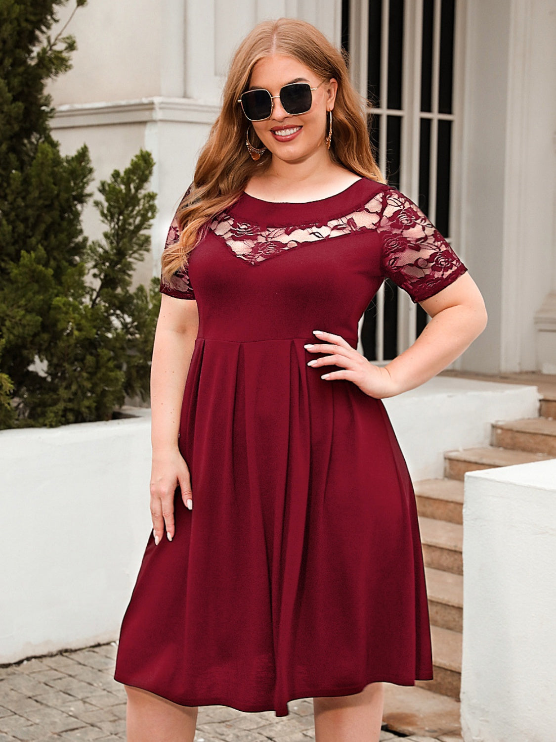 Plus Size Ruched Round Neck Short Sleeve Dress - The Boutie Shop